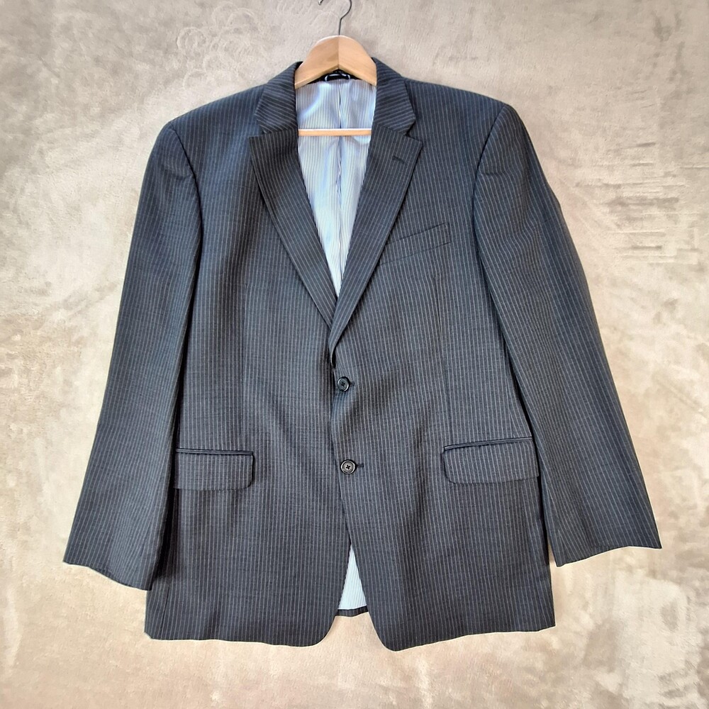 Tommy Hilfiger Suit Jacket Mens 44 Gray Wool Stripe Double Vent 2 Button Formal